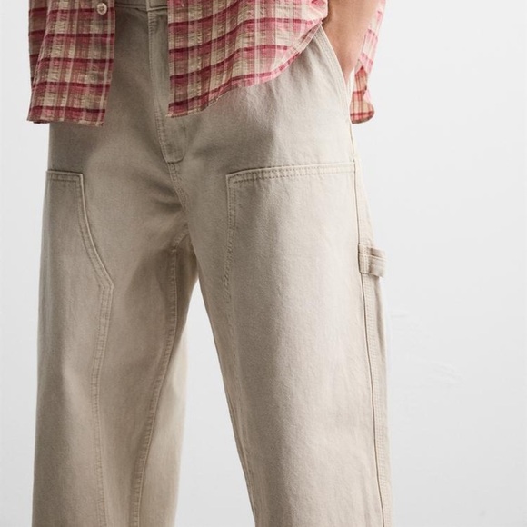 Zara Carpenter Double Knee Multiple Pockets Straight-Leg Pants, Beige, Size 2 - Picture 2 of 10
